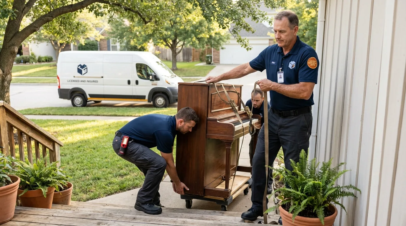 Licensed piano movers securing grand piano in Harvey, LA