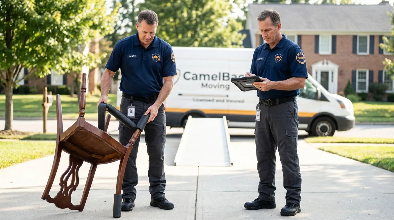 Movers inspecting furniture for damage prevention before loading in Harvey, LA